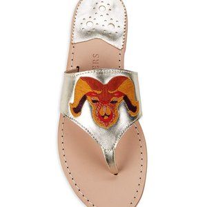 Aries Ram Astrological Sign Leather Embroidered Platinum Thong Sandals